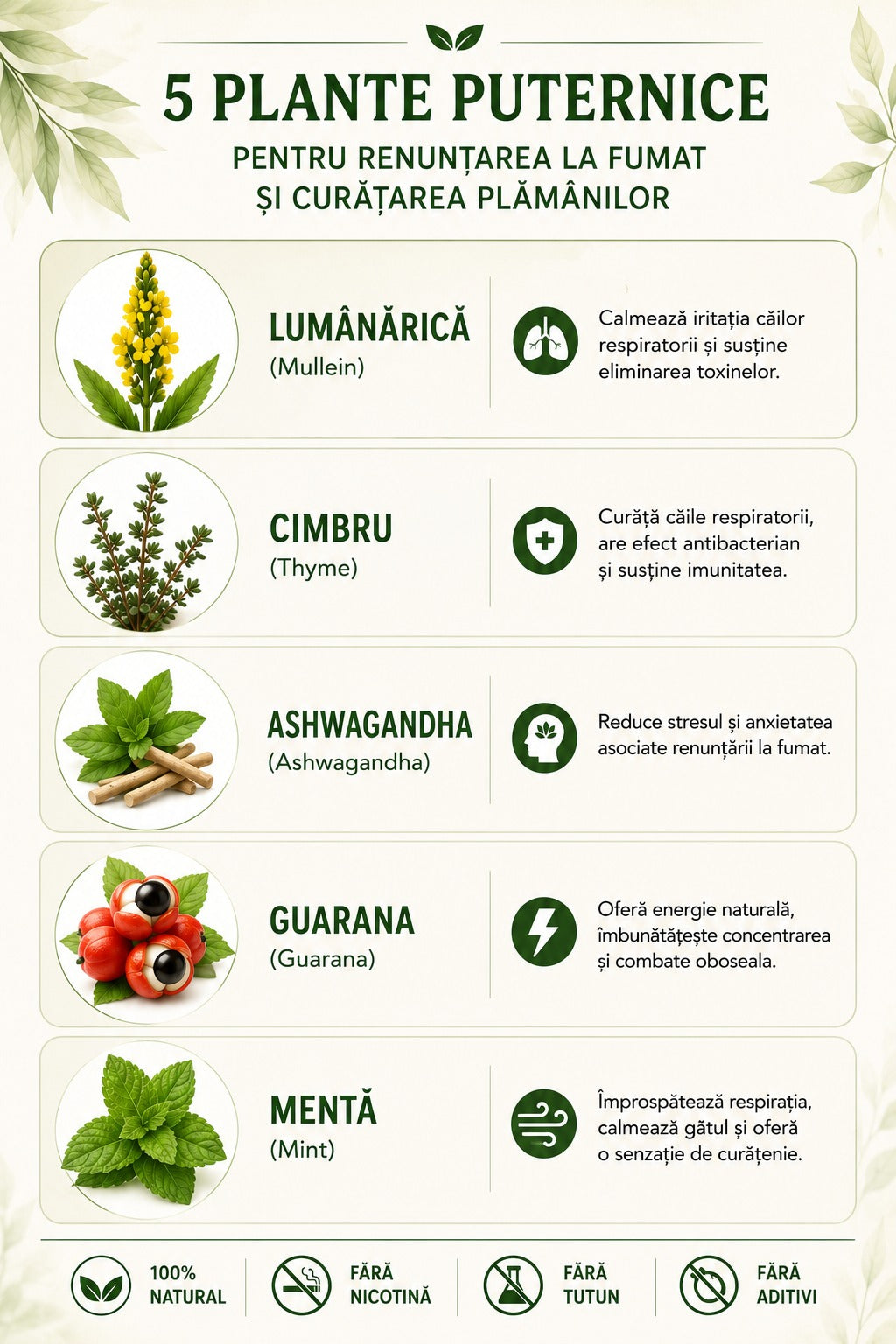 Cele cinci plante din compoziția PuffyAir: lumânărică, cimbru, ashwagandha, guarana și mentă